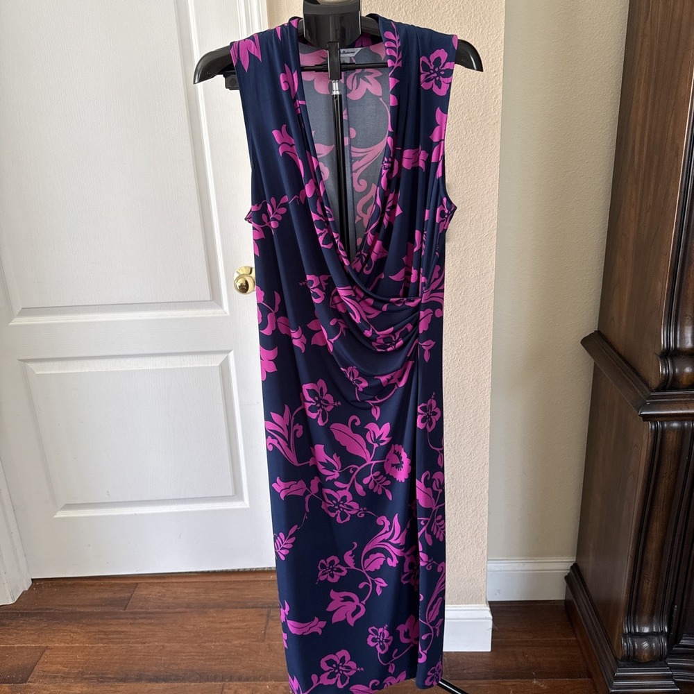 Tommy Bahama Women Sleeveless Floral Maxi Dress Navy Pink V-Neck Ruffle Size L